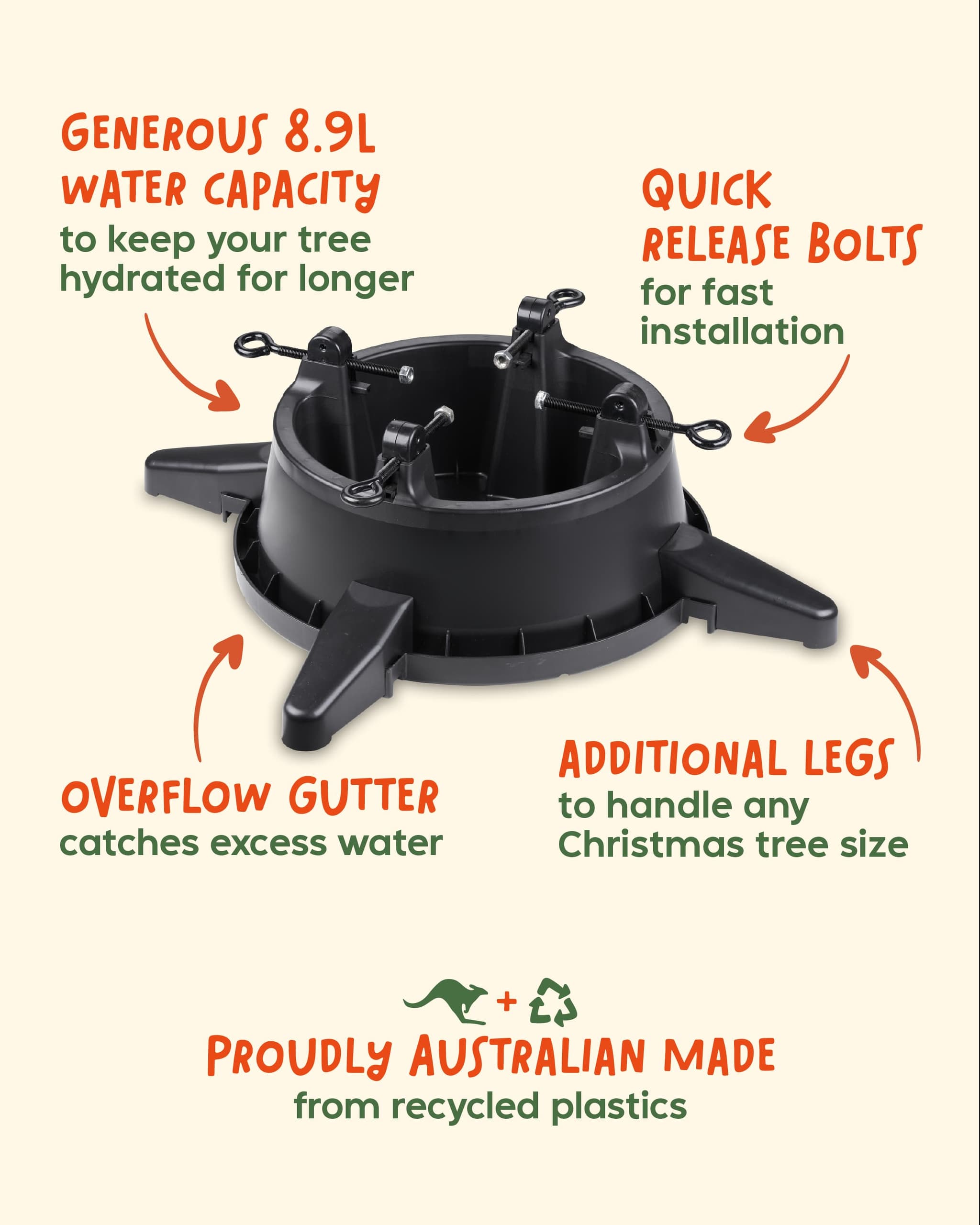 TreeMate stand features - 8.9L water capacity, quick release bolts, overflow gutter, additional legs