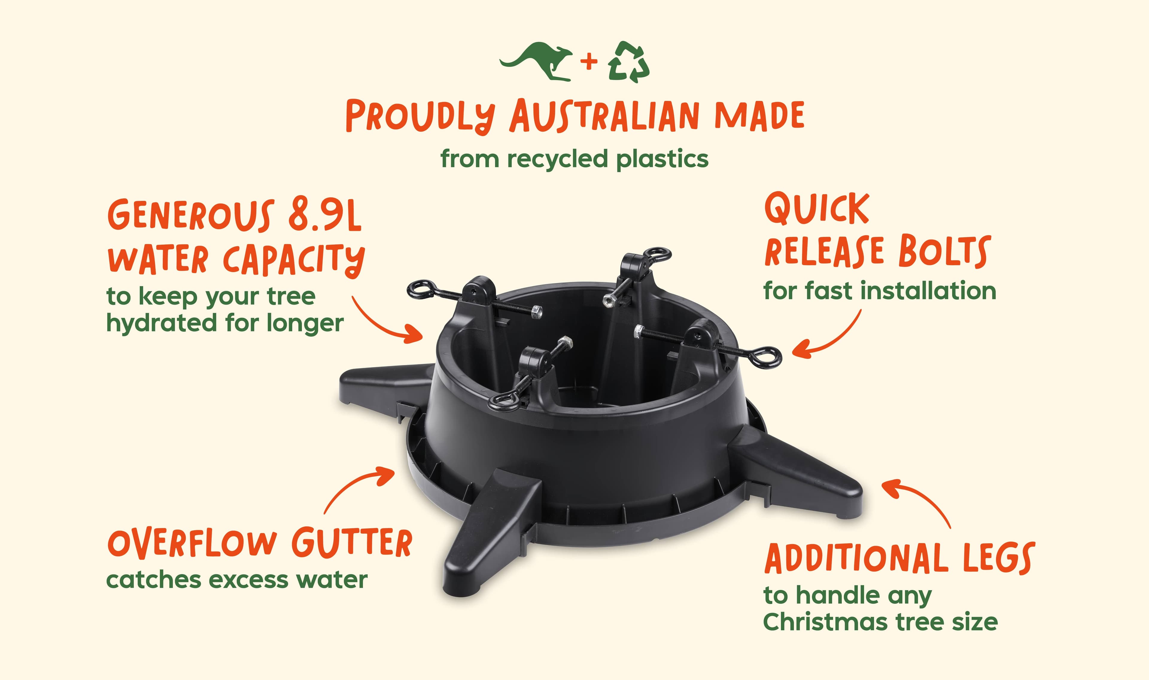 TreeMate stand features - 8.9L water capacity, quick release bolts, overflow gutter, additional legs
